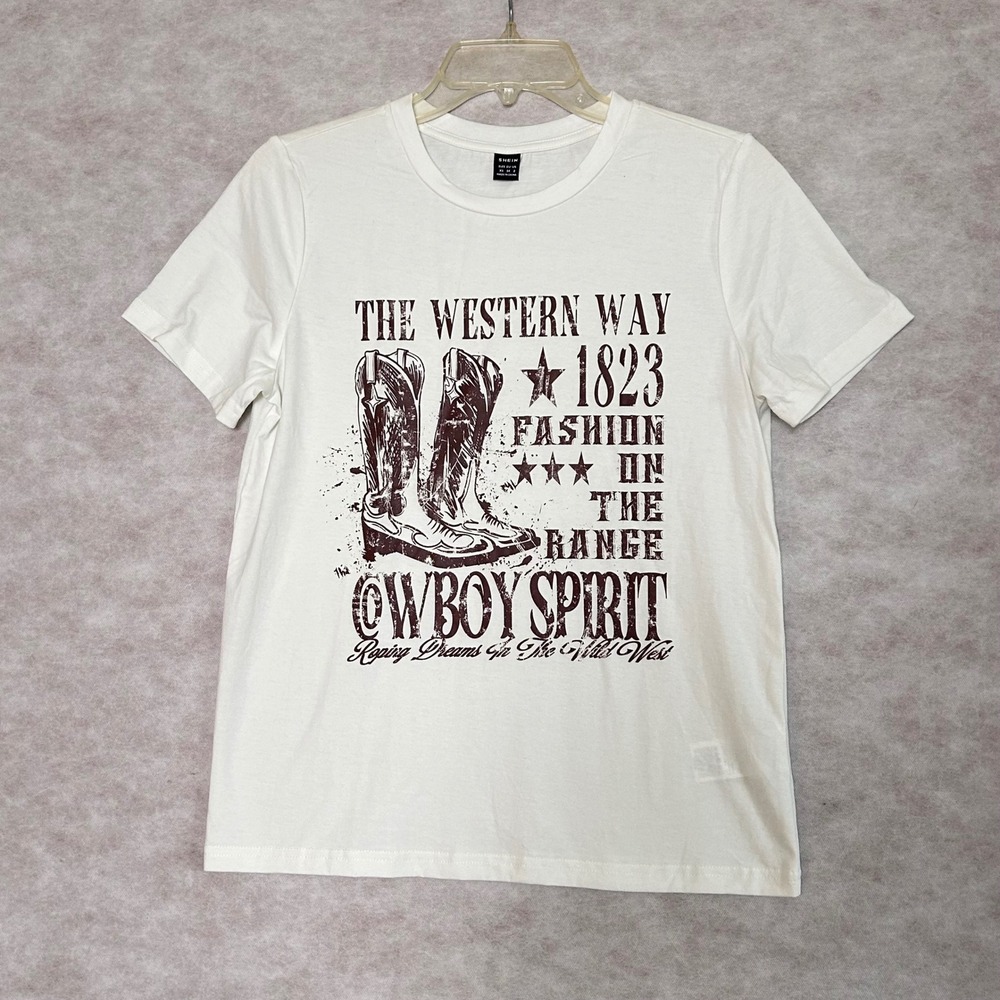 SHEIN Western Graphic T-Shirt Cowboy Boots White‎ Womens Size XS